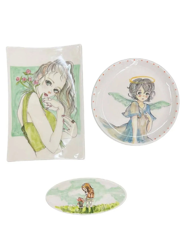 Hand-painted decorative wall plates angels in green design, 3-pieces ceramic arts