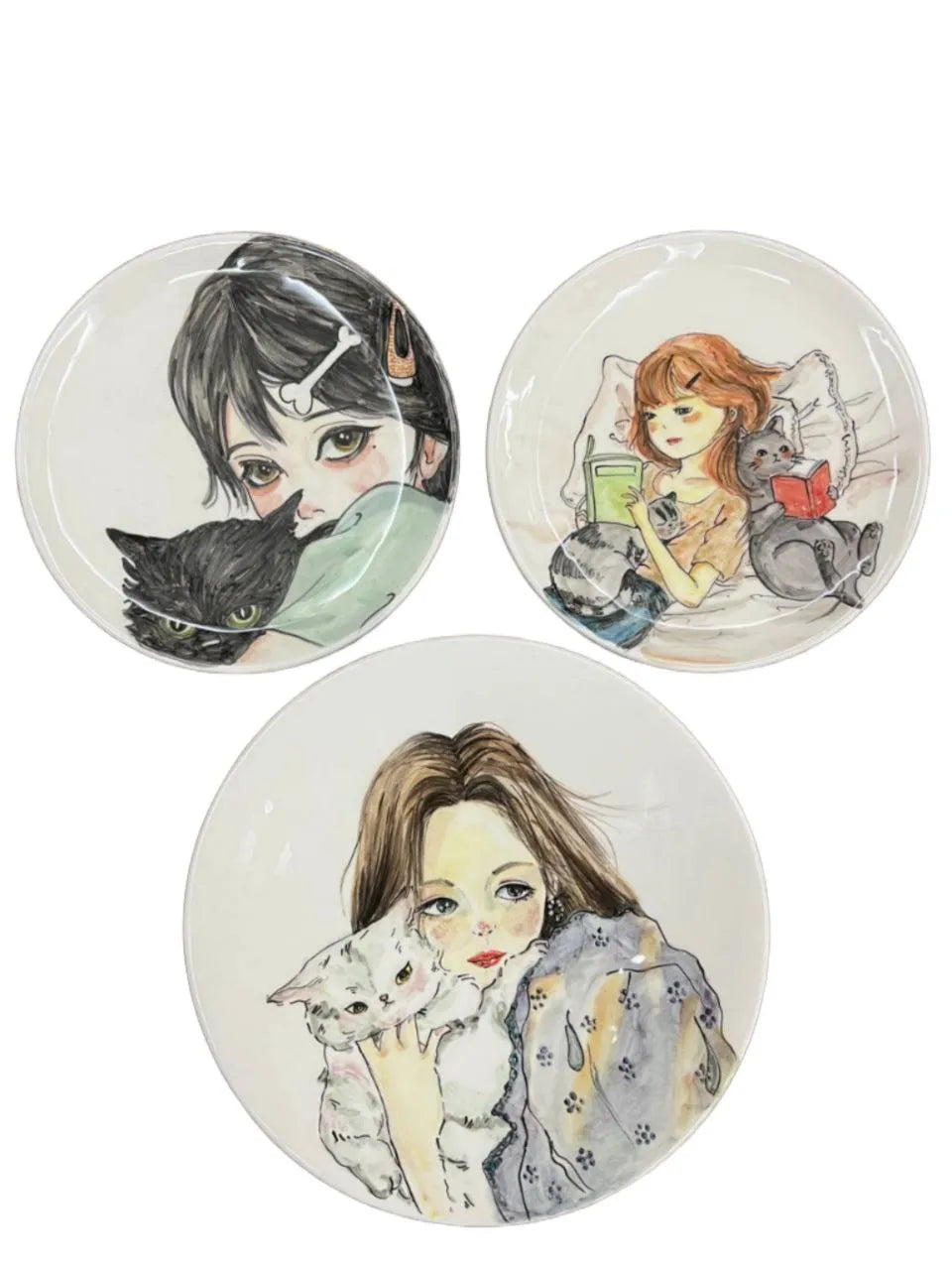 Hand-painted ceramic plates with cats, girls in winter days theme, 3 pieces wall art & decor