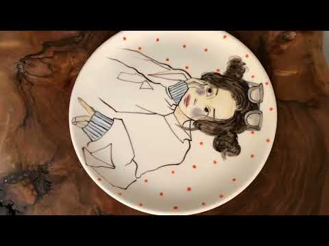 Handmade & Hand painted home decor, 27cm ceramic plate, girl with glasses thinking