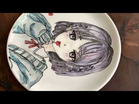 Wall hanging hand painted ceramic plate, 27cm short hair anime girl with candy