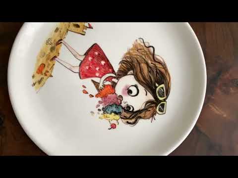 Wall plate for home decor, 27cm hand painted ceramic plate, girl & icecream love