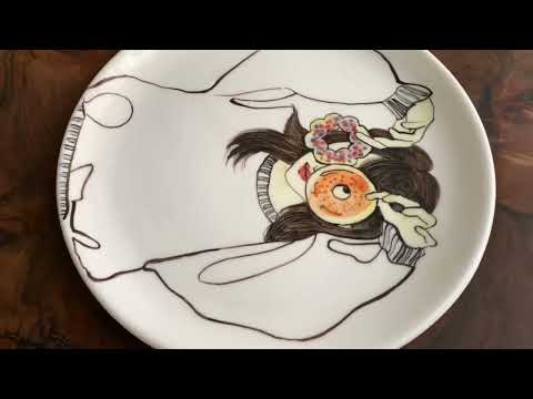 Handmade handpainted ceramic plate, 27cm girl & doughnut