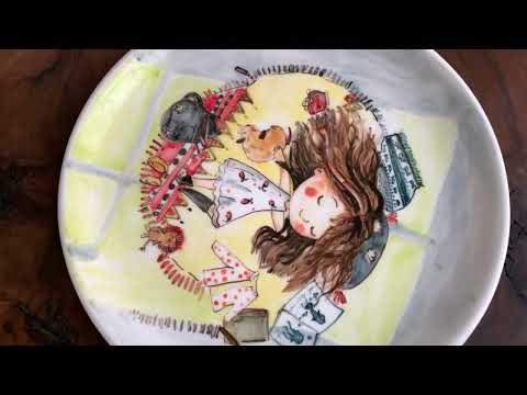 Wall hanging ceramic plate, 27cm handmade hand painted featuring happy girl