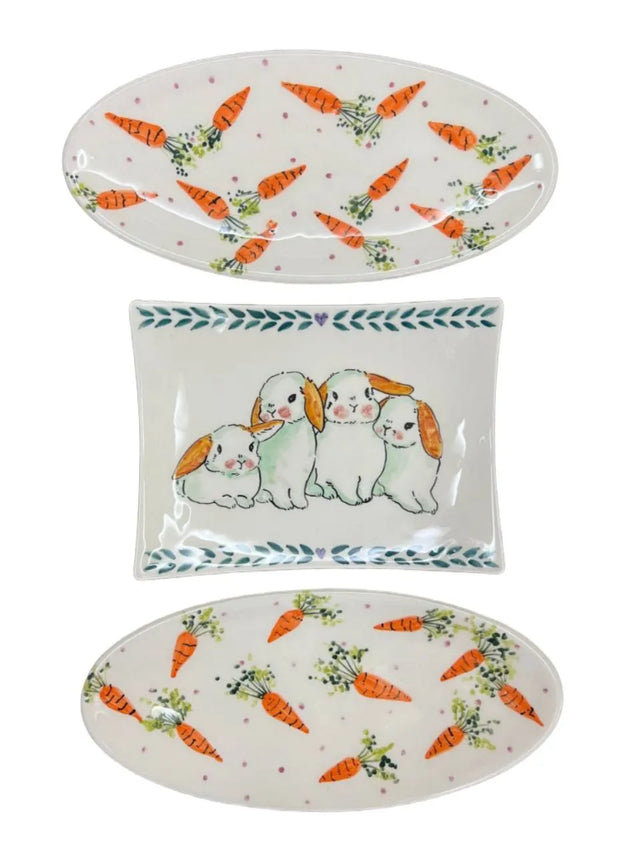 Set of 3 hand-painted ceramic plates, rabbit family theme wall decor, 27cm home decoration