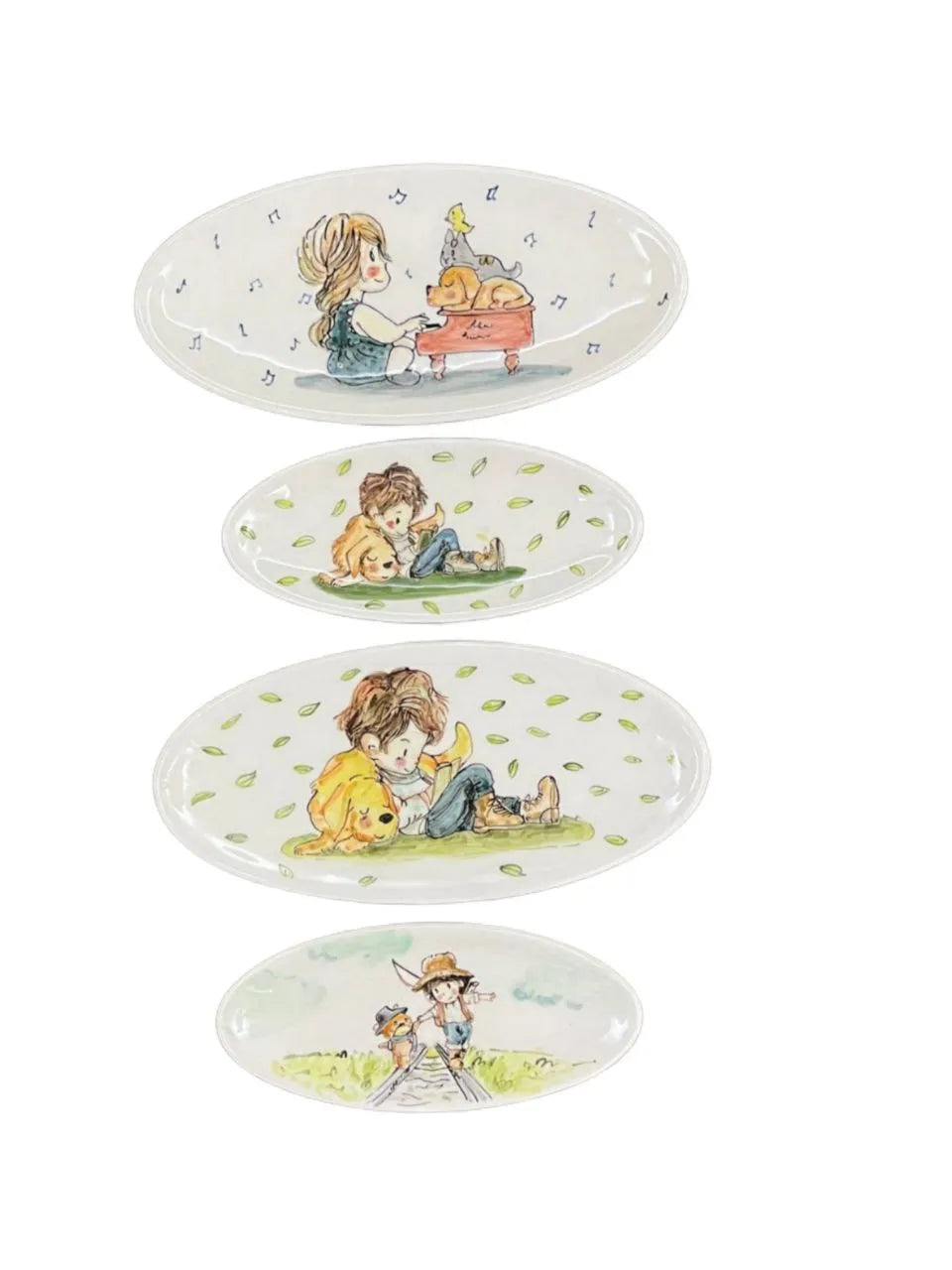 Set of 4 happy childhood hand painted ceramic plates, 32x15cm handmade home decoration