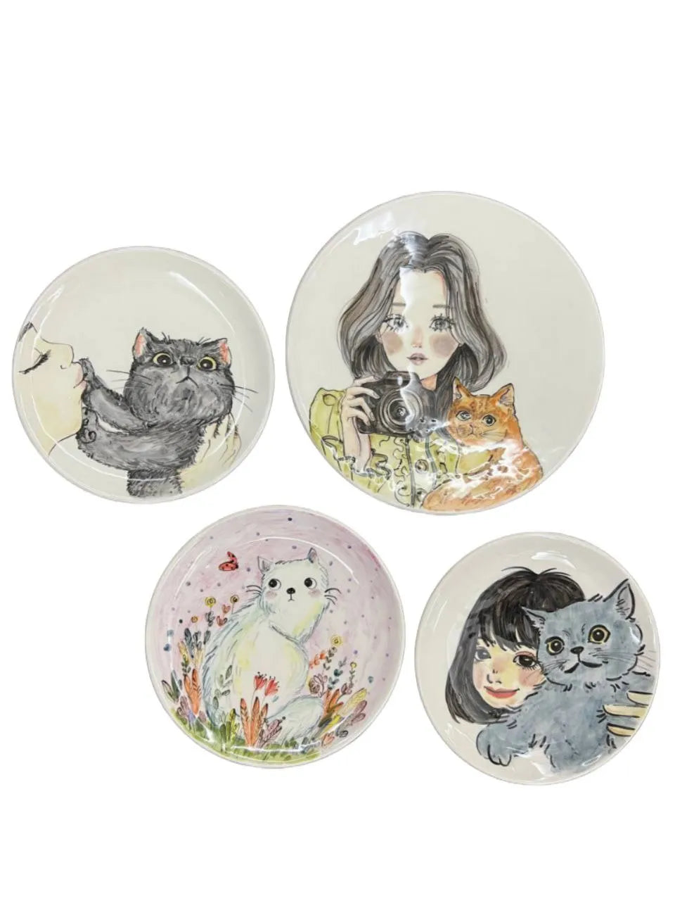 Set of 4 kitty love hand painted ceramic plates, 35cm girls & cats theme home decoration