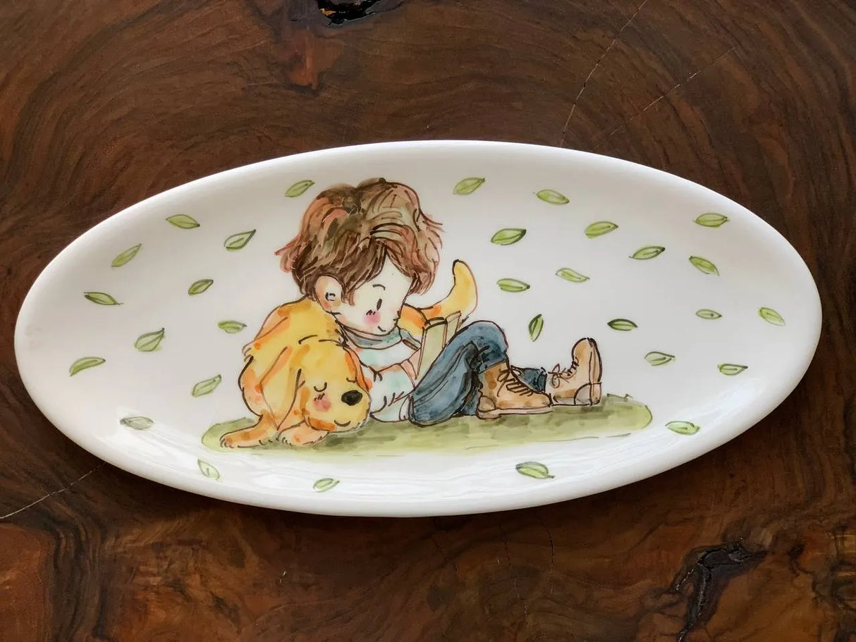 Wall hanging ceramic plate hand-painted, 14x11 cm boy & dog