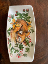 Sleepy fox surrounded by flowers decorative ceramic plate 24x12cm