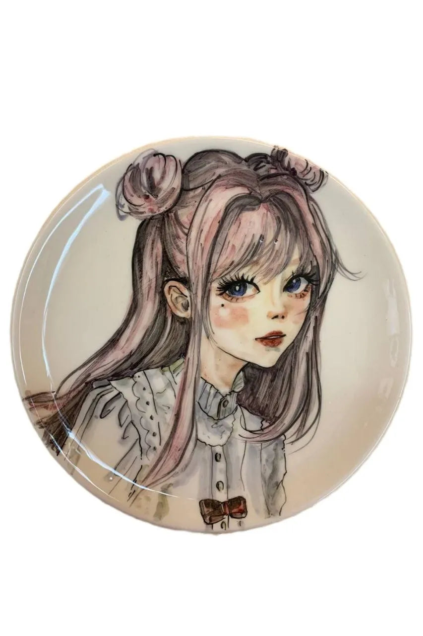 Hand painted wall ceramic plate, 27cm anime girl with blue eyes