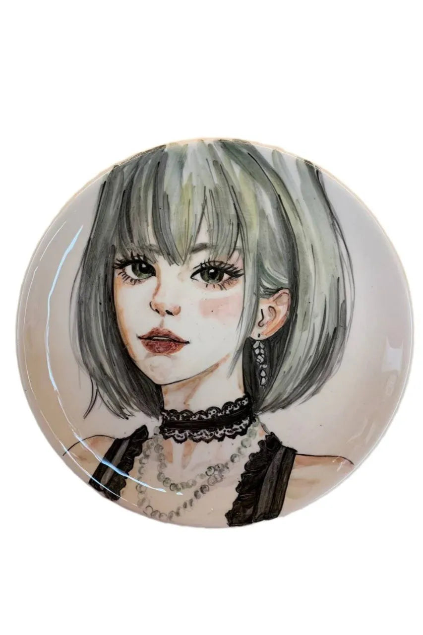 Handmade Hand painted ceramic plate, 27cm cute anime girl with green hair