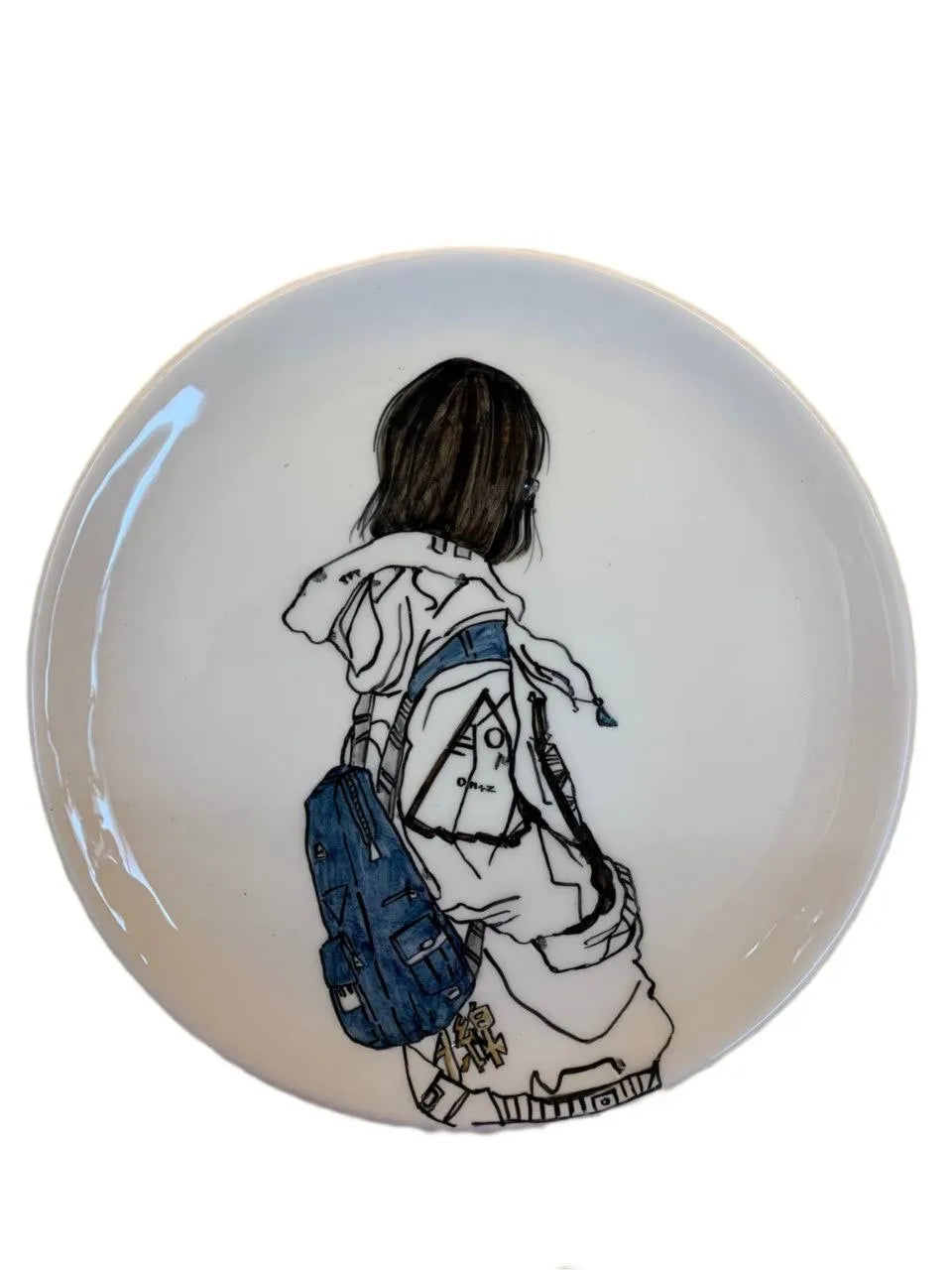 Handmade hand painted wall decor, 27cm ceramic plate girl with backpack