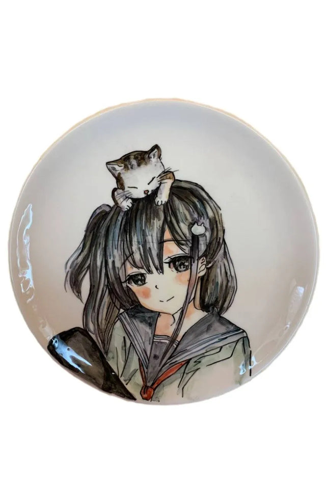 Handmade hand-painted ceramic plate, 27cm anime girl and her kitty