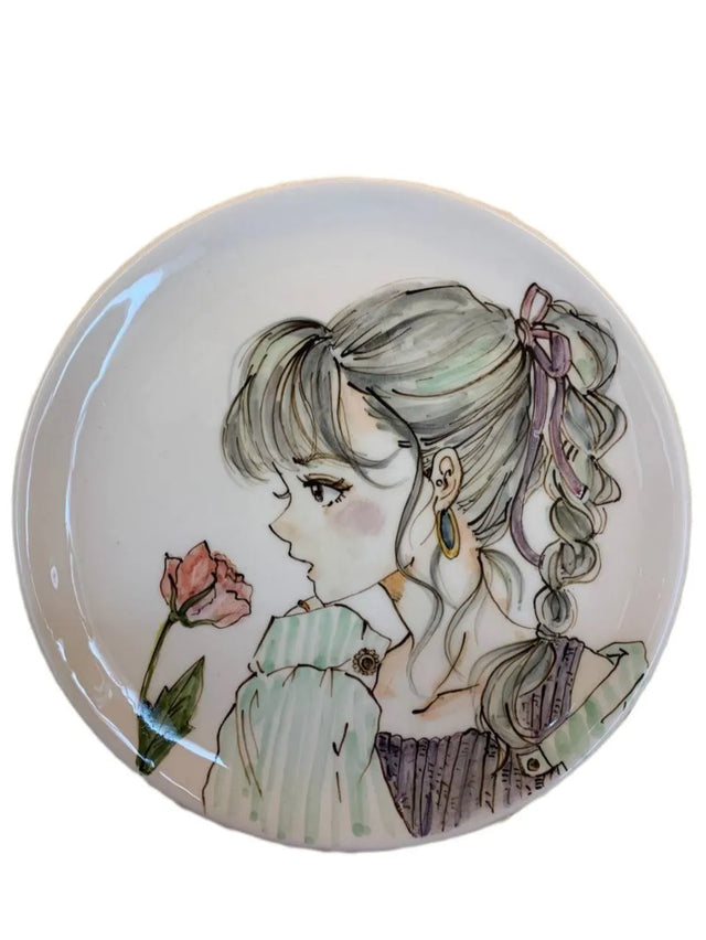 Ceramic plate 27cm, hand painted anime girl with long gray hair and a rose flower