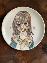 Wall hanging decorative plate, 27cm hand painted ceramic girl & puppy