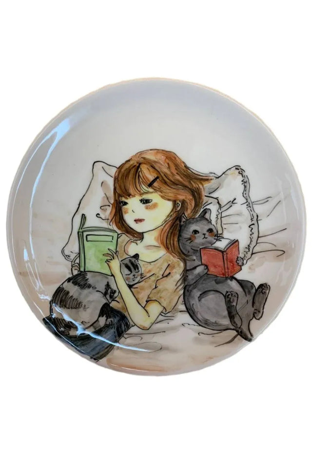 Decorative hand-painted ceramic plate, 27cm anime girl reading book with cats