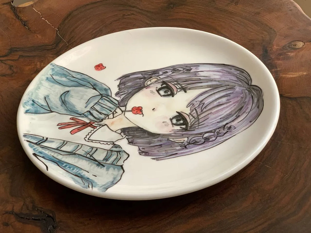 Wall hanging hand painted ceramic plate, 27cm short hair anime