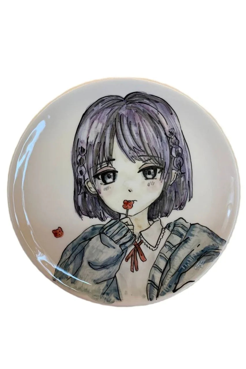 Wall hanging hand painted ceramic plate, 27cm short hair anime girl with candy