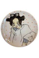 Handmade & Hand painted home decor, 27cm ceramic plate, girl with glasses thinking