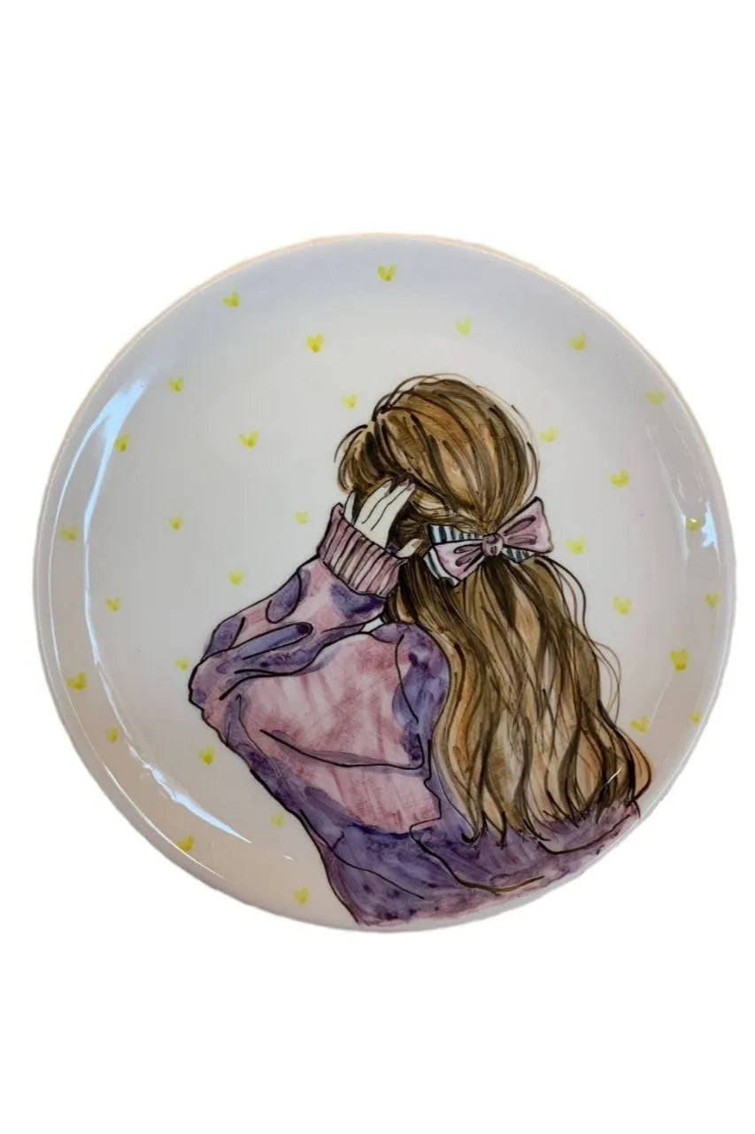 Handmade & hand-painted home decor, 27cm ceramic plate with a girl & yellow hearts background