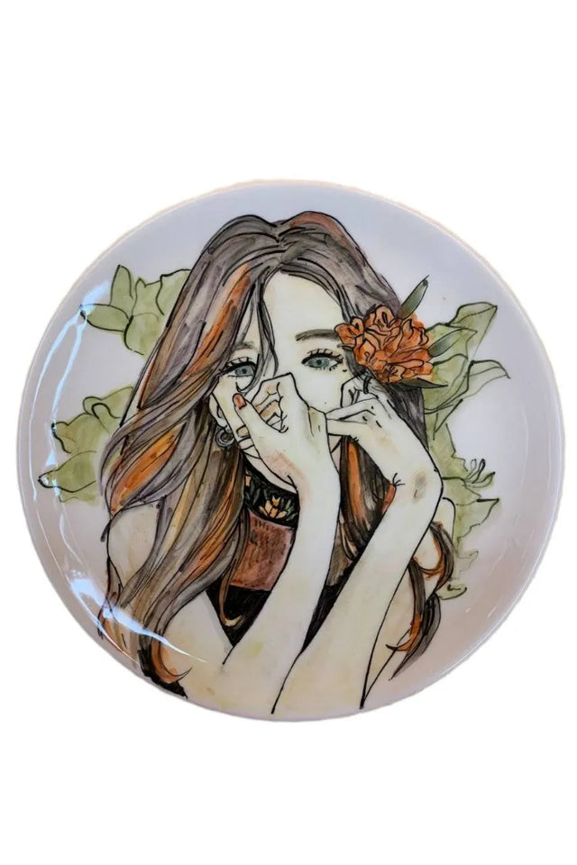 Decorative wall plate, 27cm hand painted ceramic plate with a beautiful shy girl painting