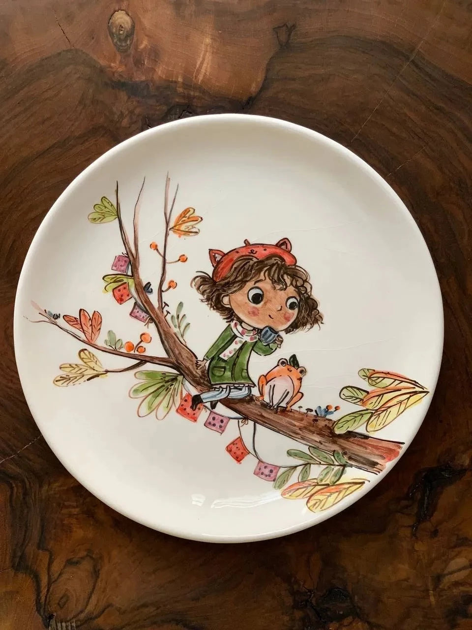 Hand-painted decorative ceramic plate, 27cm handmade boy & frog on tree