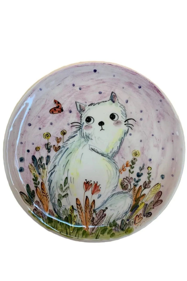 Handmade home decor, 27cm hand painted ceramic plate with cat, flower & butterfly design