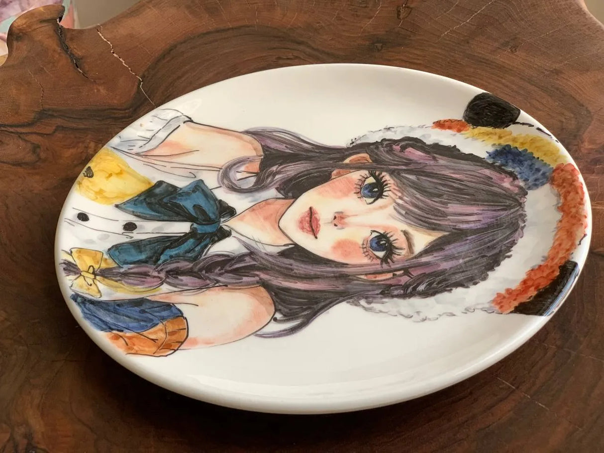 Decorative ceramic plate, 27cm handpainted home decor anime girl