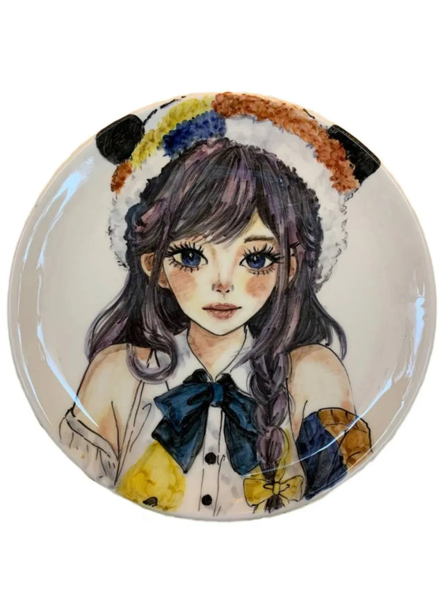Decorative ceramic plate, 27cm handpainted home decor anime girl with blue eyes