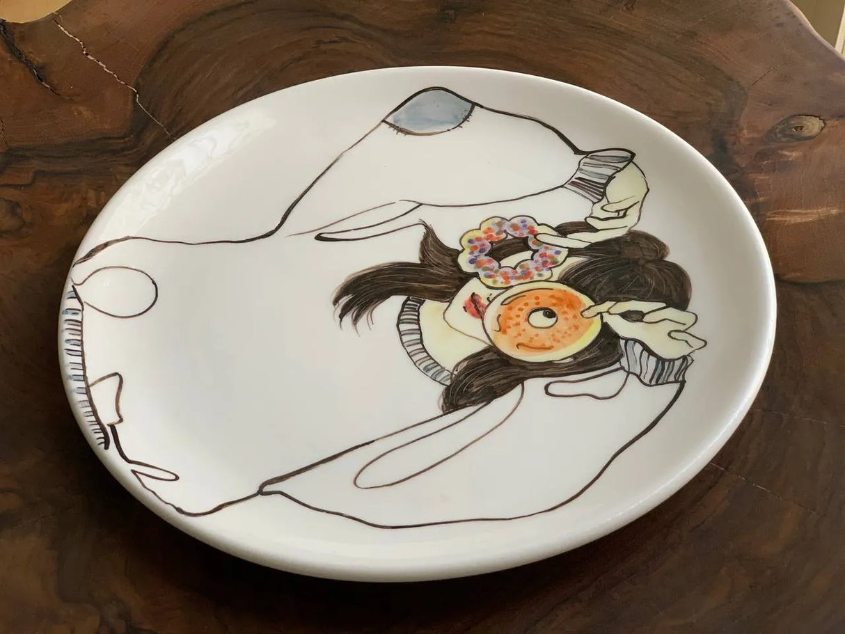 Handmade handpainted ceramic plate, 27cm girl & doughnut
