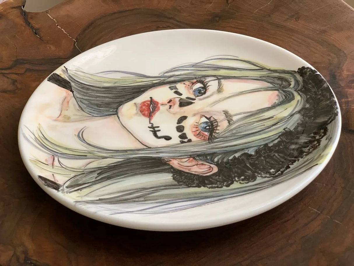 27 cm hand painted ceramic plate, halloween girl with tattooed face