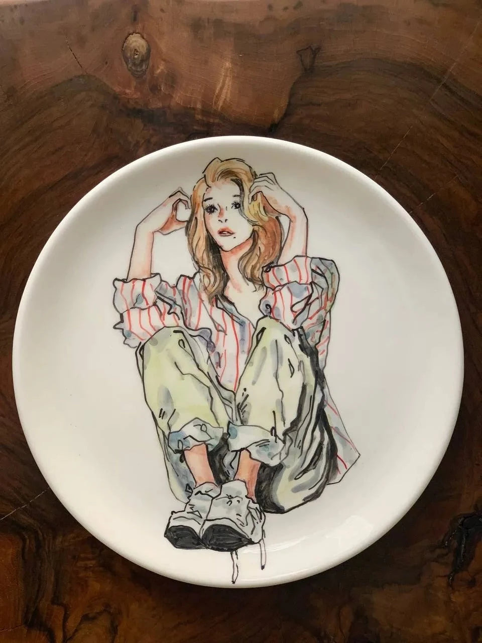 Hand painted ceramic plate for home decor, 27cm anime girl