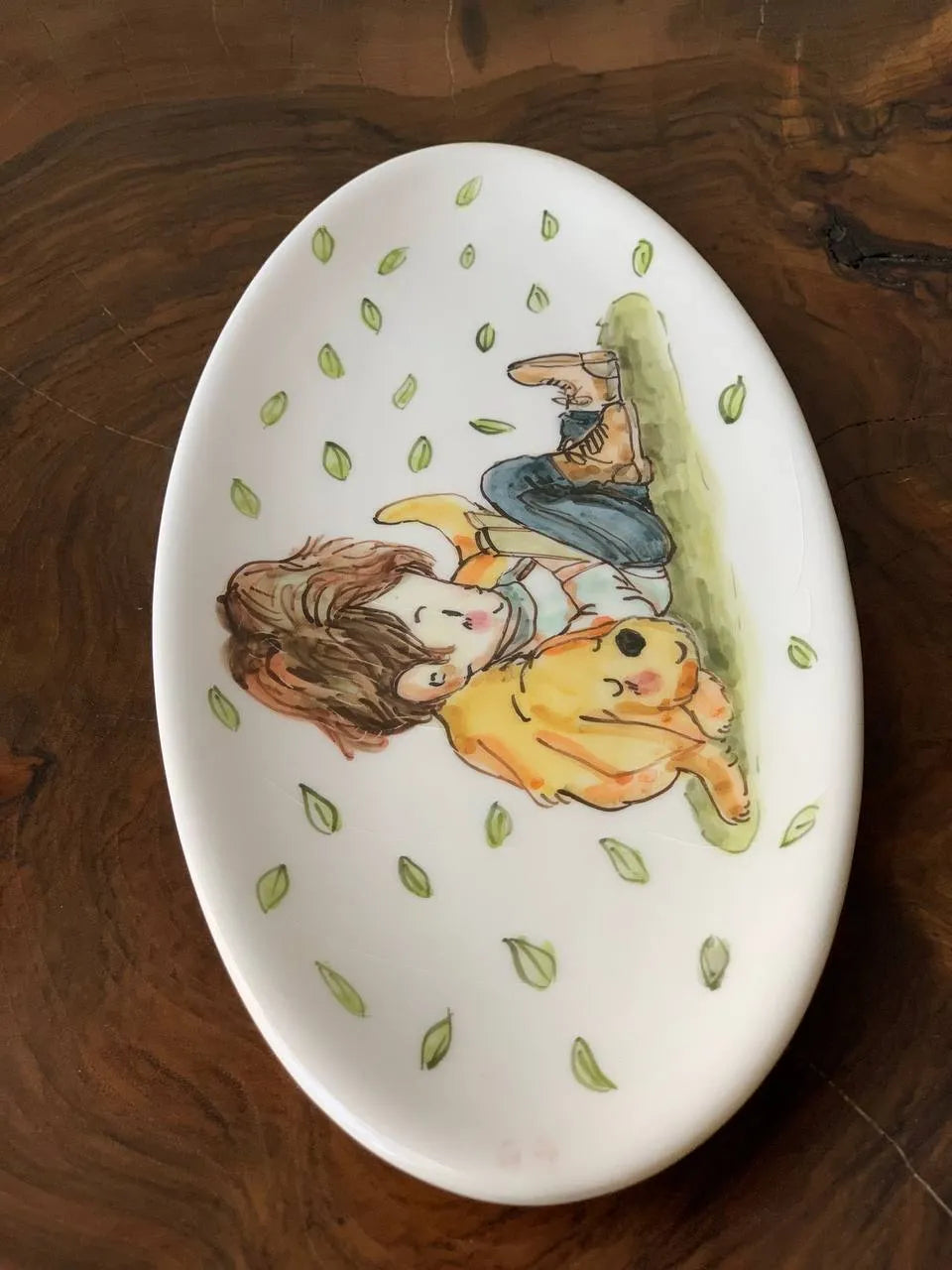  32x15 cm hand painted ceramic plate, boy & dog reading book