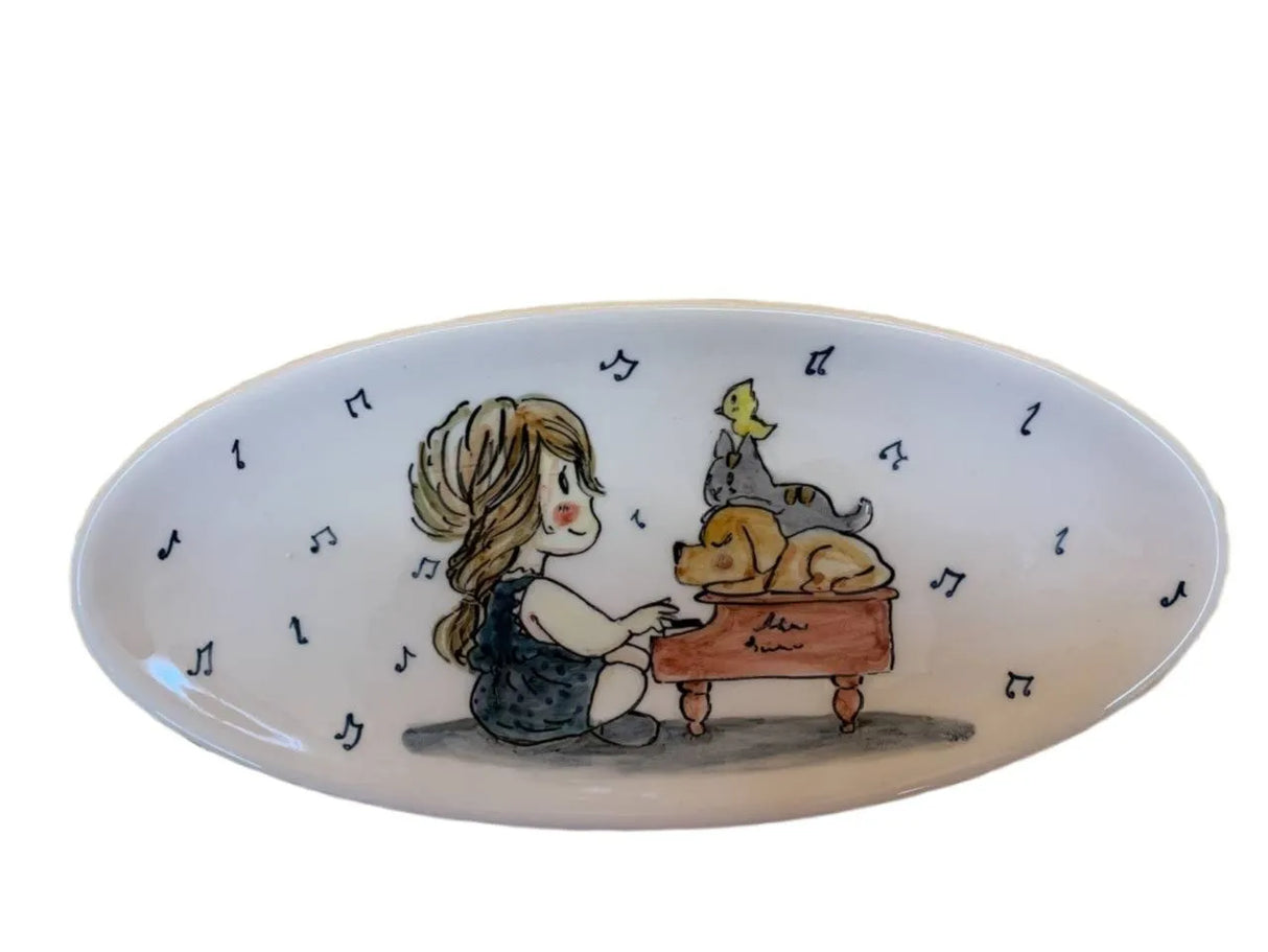 32x15 cm ceramic plate painted by hand, little girl playing piano with her pets