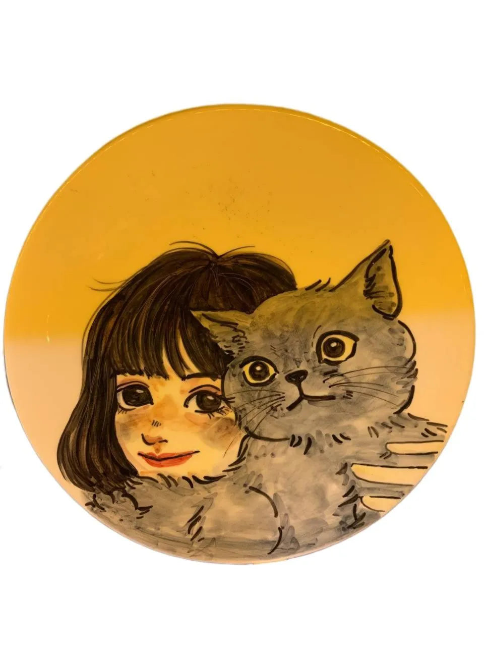 Hand painted decorative ceramic plate for wall decor, 35cm handmade girl & cat food safe plate