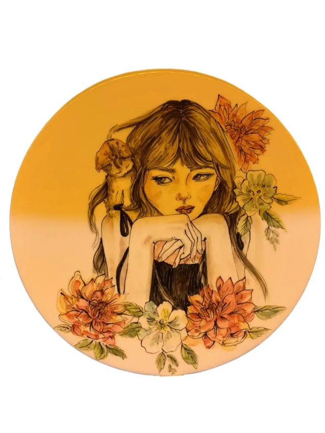 Wall ceramic plate home decoration, 35cm handmade & hand-painted decor with a girl & kitty
