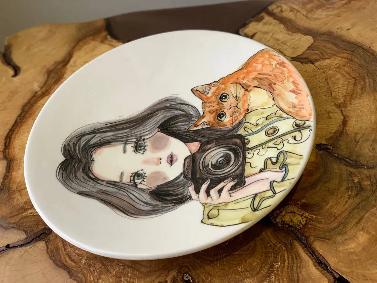 handmade hand-painted 35cm girl, cat & photography ceramic plate