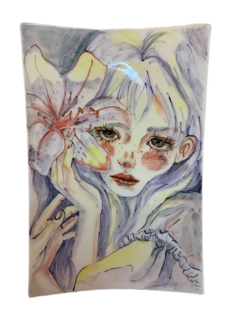 Hand painted wall decoration, ceramic plate 35x24cm hanging shy girl & big flower in UAE